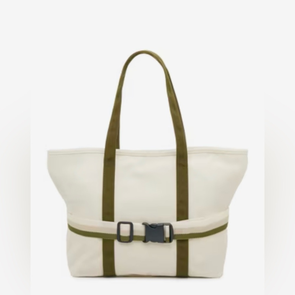 DSW Exclusive Ivory/Green Canvas Tote Bag With Striped Travel Band 16”x5”x10.75”